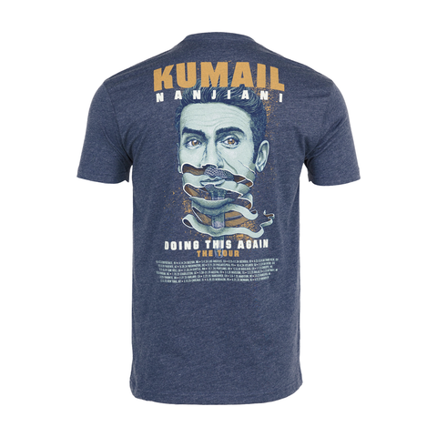 Rear view of navy tee with graphic of Kumail Nanjiani's face with brown and white text "KUMAIL NANJIANI DOING THIS AGAIN THE TOUR"