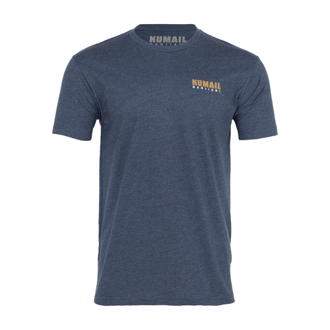 Front view of navy tee with brown and white text on left chest "KUMAIL NANJIANI"