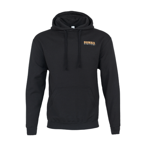 Front view of black hoodie with brown and white text on left chest "KUMAIL NANJIANI"