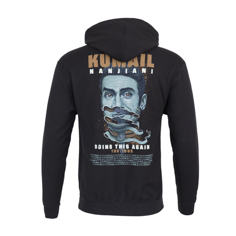 Rear view of black hoodie with graphic of Kumail Nanjiani's face with text "KUMAIL NANJIANI DOING THIS AGAIN THE TOUR"